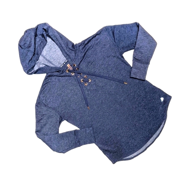 Free2B Ladies' Hoodie Heather Blue Pullover 1/4 lace-up Rose gold accents sz sm - Picture 1 of 6